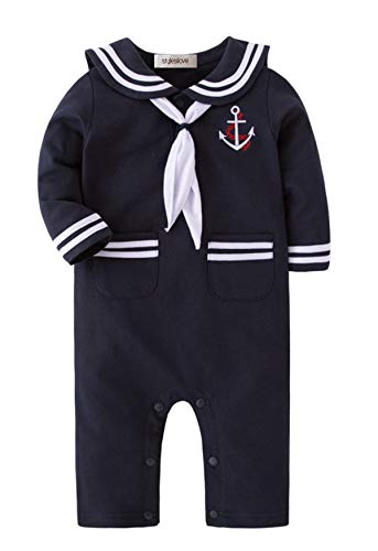 stylesilove.com Baby Boy Marine Sailor Cotton Romper Onesie with Hat and Necktie 3pcs Holiday Outfit