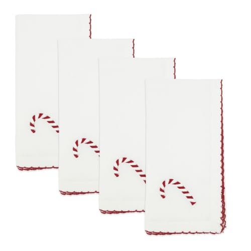 Fennco Styles Embroidered Holiday Wreath Whip Stitch Cloth Napkins 18" W x 18" L, Set of 4 - White Cotton Dinner Napkins for Winter Festivals, Christmas, Banquets, and Special Events