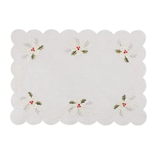 Fennco Styles Embroidered Holly & Ribbon Design Holiday Placemats 14" W x 20" L, Set of 4 - Natural Table Mats for Christmas, Winter Holidays, Home Décor, Banquet, Family Gathering, Special Occasion