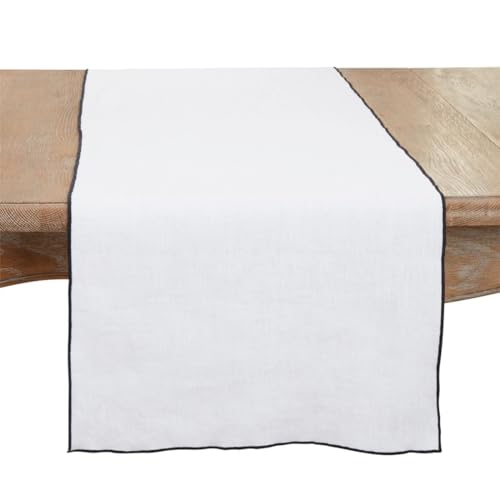 Fennco Styles Stonewashed Stitch Border Table Runner 16" W x 72" L - 100% Linen Solid Color Table Cover for Home, Dining Table Décor, Holidays, Banquets, and Special Occasions