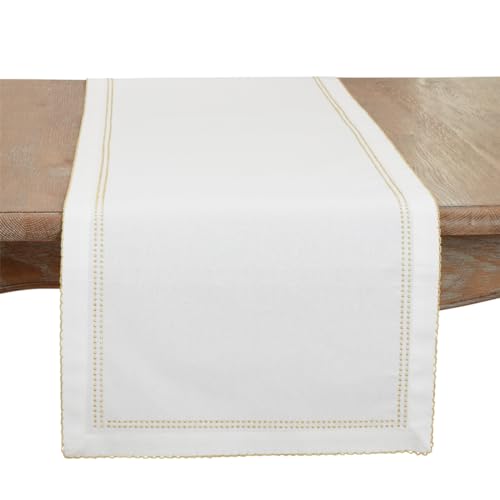 Fennco Styles Elegant Metallic Embroidered Border Cotton Table Runner 16" W x 72" L - Silver Trim Table Cover for Home Décor, Everyday Use, Christmas, Banquets and Special Events