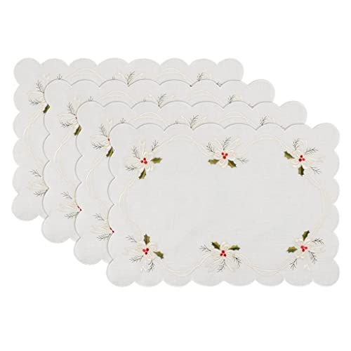 Fennco Styles Embroidered Holly & Ribbon Design Holiday Placemats 14" W x 20" L, Set of 4 - Natural Table Mats for Christmas, Winter Holidays, Home Décor, Banquet, Family Gathering, Special Occasion