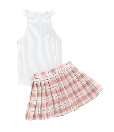stylesilove Toddler Little Girls Solid Ribbed Tank Top & Plaid Mini Pleated Skirt 2pcs Summer Casual Dress Outfit