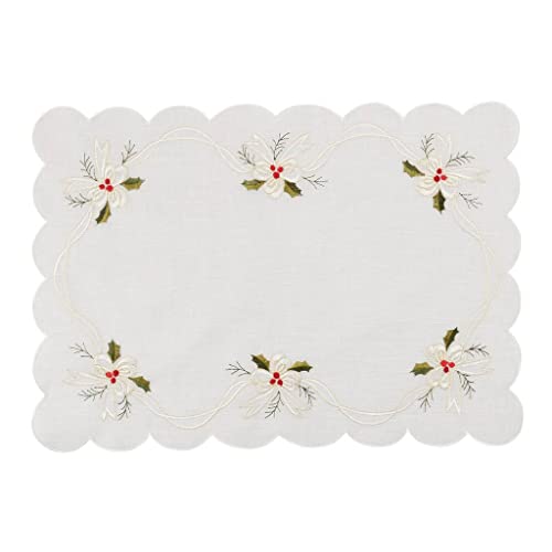 Fennco Styles Embroidered Holly & Ribbon Design Holiday Placemats 14" W x 20" L, Set of 4 - Natural Table Mats for Christmas, Winter Holidays, Home Décor, Banquet, Family Gathering, Special Occasion