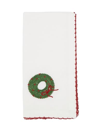 Fennco Styles Embroidered Holiday Wreath Whip Stitch Cloth Napkins 18" W x 18" L, Set of 4 - White Cotton Dinner Napkins for Winter Festivals, Christmas, Banquets, and Special Events