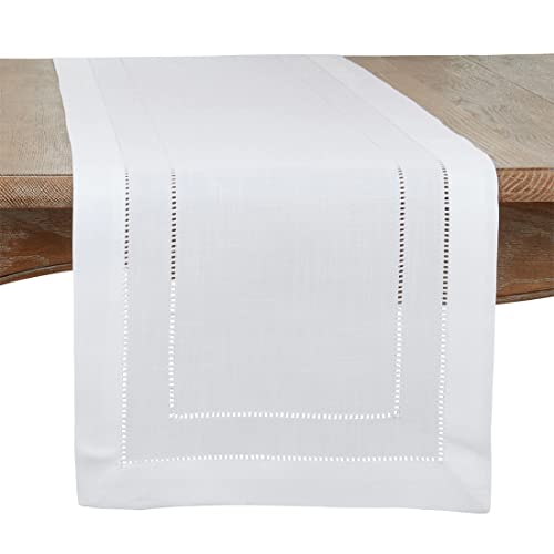 Fennco Styles Double Hemstitched White Table Runner 16" W x 72" L - Solid Color Table Cover for Dining Table, Banquets, Holidays, Weddings, Home Décor and Everyday Use