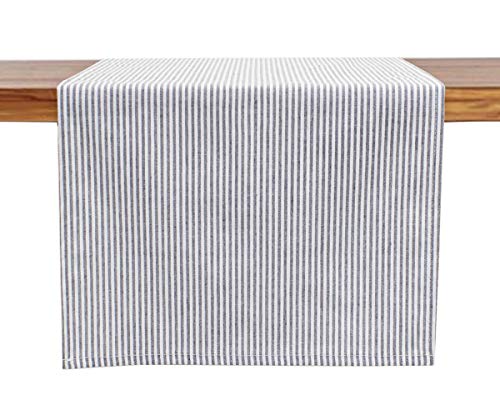 Fennco Styles Simple Ticking Stripes Reversible Pure Cotton Table Runner - Grey Double Layers Table Cover for Everyday Use, Banquets, Family Gathering, Special Events and Home Décor