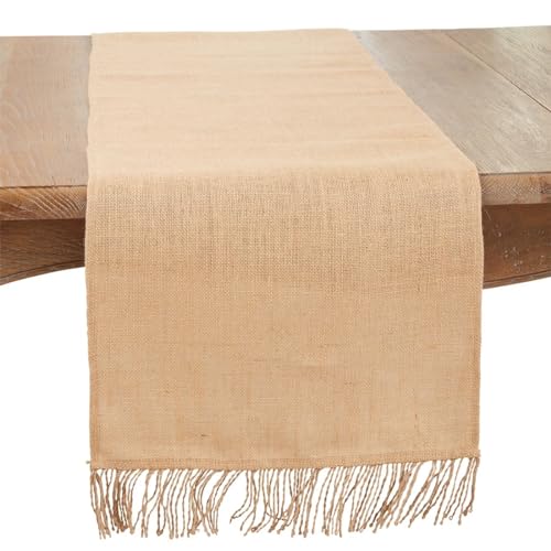 Fennco Styles Rustic Jute Tassel Table Runner 16" W x 72" L - Natural Burlap Table Cover for Dining Room, Banquets, Outdoor Events, Family Gatherings, and Holidays