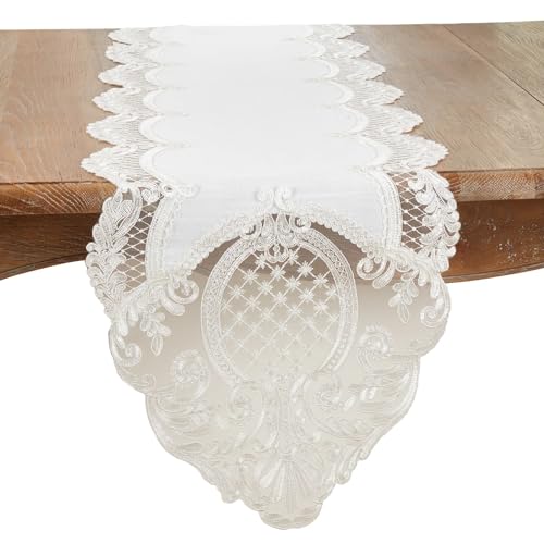 Fennco Styles Embroidered Lace Design Table Runner 16" W X 54" L - White Charming Table Cover for Everyday Use, Banquets, Weddings and Special Occasions