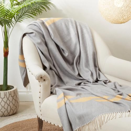 Fennco Styles Yellow Striped Herringbone Throw Blanket with Fringe 50" W x 60" L – Grey Cozy Blanket for Home, Couch, Bedroom, Living Room, Office, and Holiday Décor