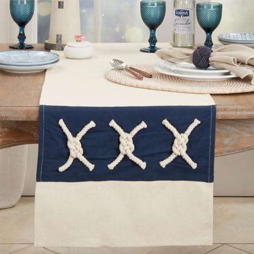 Fennco Styles Rope Knots Appliqué Cotton Table Runner 16" W x 72" L – Navy Blue Nautical Inspired Table Cover for Home, Dining Room, Banquets, Holidays and Special Events