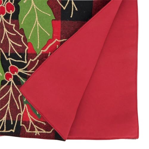 Fennco Styles Buffalo Plaid Holly Leaves Red Table Runner 16" W x 70" L - Red Festive Cotton Blend Table Cover for Christmas Décor, Winter Holidays, Dining Table, and Special Occasions