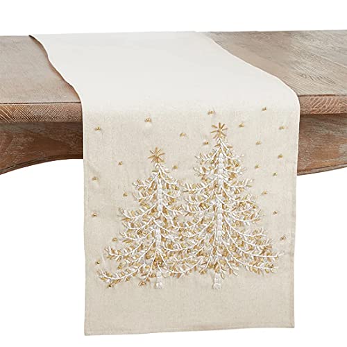 Fennco Styles Festive Embroidered Christmas Tree Table Runner 14 x 72 Inch - Natural Table Cover for Holiday Décor, Everyday Use, Banquets and Special Events