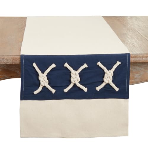 Fennco Styles Rope Knots Appliqué Cotton Table Runner 16" W x 72" L – Navy Blue Nautical Inspired Table Cover for Home, Dining Room, Banquets, Holidays and Special Events