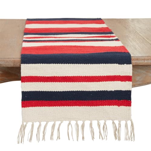 Fennco Styles Stripe Americana with Fringe 100% Cotton Table Runner 16" W x 72" L - Multicolored American Flag Inspired Table Cover for Home Décor, Dinner Parties, National Holidays