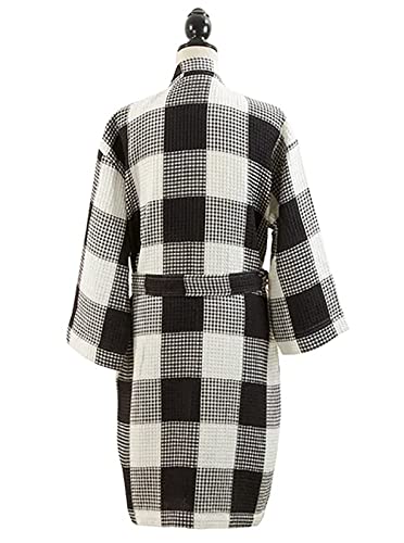 Fennco Styles Women Buffalo Plaid Waffle Weave 100% Cotton Bathrobe Lightweight Sleepwear Absorbent Spa Robe