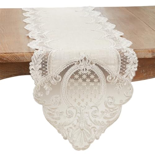 Fennco Styles Embroidered Lace Design Table Runner 16" W X 120" L - Natural Charming Table Cover for Everyday Use, Banquets, Weddings and Special Occasions