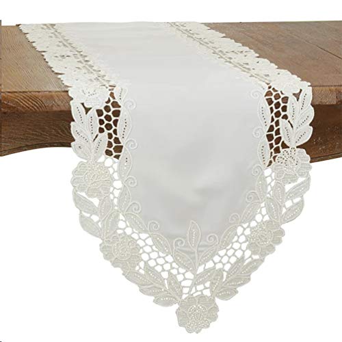 Fennco Styles Elegant Floral Embroidery Cutwork Table Runner 16" W x 68" L - Ivory Flower Rectangular Table Cover for Home Décor, Banquets, Wedding, Family Gathering and Special Events