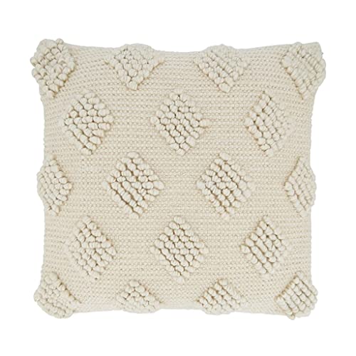 Fennco Styles Pom Pom Diamond Decorative Throw Pillow Cover 18" W x 18" L - Ivory Square Cushion Case for Home, Couch, Bedroom, Living Room and Office Décor