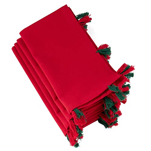 Fennco Styles Holiday Christmas Decorative 100% Cotton Napkins with Tassel - Set of 4 (Red + Red/Green Tassel)