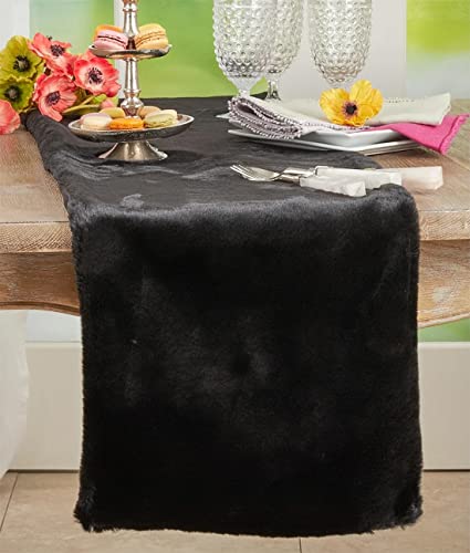 Fennco Styles Modern Solid Faux Rabbit Fur Table Runner 14" W x 72" L – Black Plush Table Cover for Dining Room, Banquets, Family Gatherings, Holidays, Special Events and Home Décor