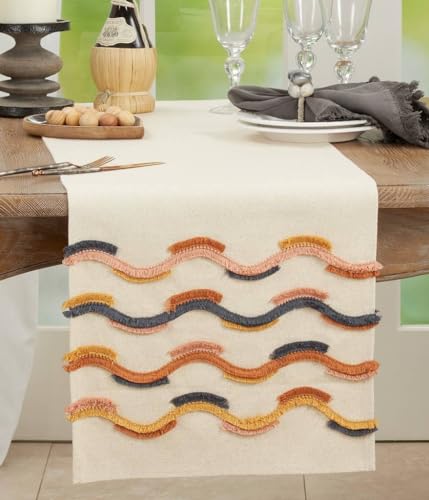 Fennco Styles Multicolor Fringe Lace Appliqué Table Runner 16" W x 72" L – Colorful Wave Line Design 100% Cotton Table Cover for Home, Dining Room, Banquets, Holidays and Special Events