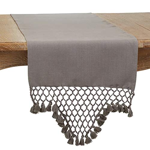 Fennco Styles Handmade Braided Tassels Cotton Table Runner 16" W x 72" L - Grey Table Cover for Home, Dining Table, Banquet, Wedding and Special Occasion