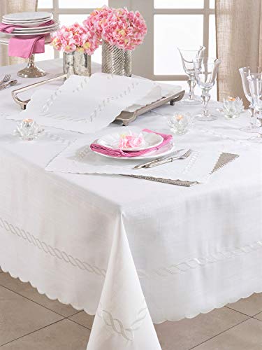 Fennco Styles Abigail Collection Embroidered Braid Pattern Ocean Waves Linen Blend Tablecloth