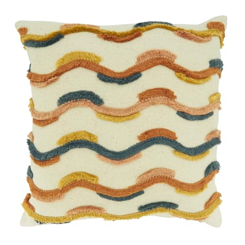 Fennco Styles Multicolor Fringe Lace Appliqué Cotton Decorative Throw Pillow Cover 18" W x 18" L - Colorful Wave Line Design Cushion Case for Home, Couch, Bedroom, Living Room and Office Décor