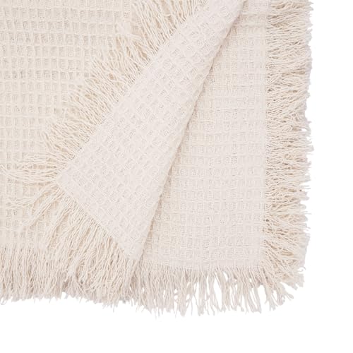 Fennco Styles Waffle Weave Fringe Cotton Table Runner 16”W x 72" L - Natural Woven Table Cover for Home Décor, Dining Table, Banquets, Holidays and Special Occasions