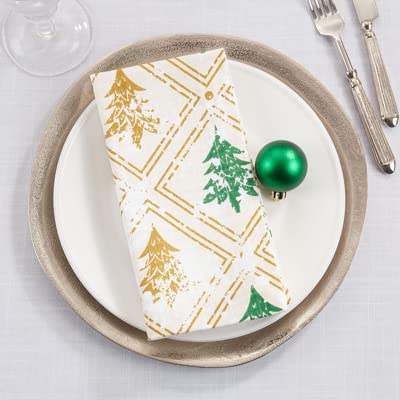 Fennco Styles Christmas Trees Cotton Table Runner 14" W x 72" L - Gold & Green Winter Tree Table Cover for Home, Dining Room, Holiday Décor, Banquets and Special Events