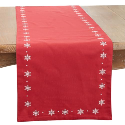 Fennco Styles White Embroidered Snowflake Christmas Table Runner 16" W x 72" L - Red Cotton Table Cover for Winter Holidays, Home Décor and Family Gatherings