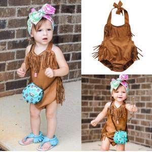 Infant Baby Girl Summer Halter Fringe Suede Brown Sunsuit Romper | Western Style, Adjustable Straps, 0-18 Months