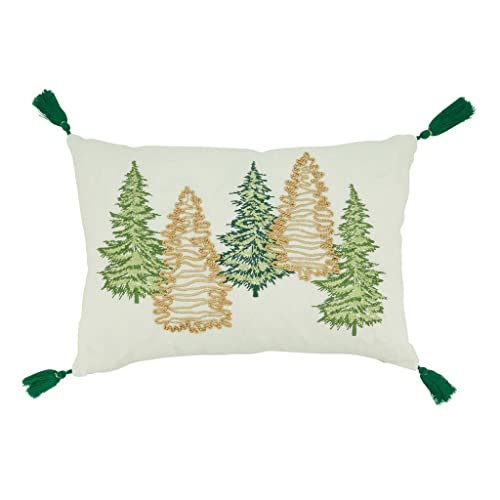 Fennco Styles Embroidered Christmas Trees Cotton Throw Pillow 12" W x 18" L - Green Woven Cushion for Winter Holiday Décor, Couch, Living Room, Bedroom Décor and Special Occasion