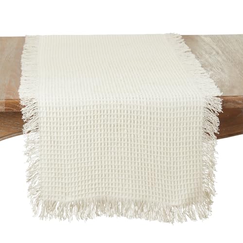 Fennco Styles Waffle Weave Fringe Cotton Table Runner 16”W x 72" L - Natural Woven Table Cover for Home Décor, Dining Table, Banquets, Holidays and Special Occasions