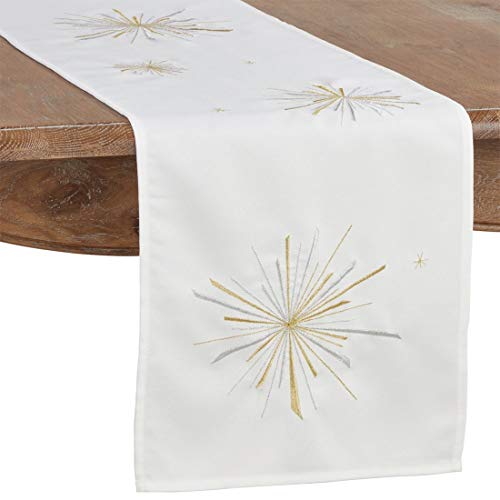 Fennco Styles Metallic Starburst Holiday Table Runner 14 x 72 Inch - White Table Cover for Everyday Use, Christmas Décor, Banquets, Family Gathering and Special Occasion