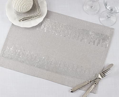 Fennco Styles Shimmering Sequin Border Table Runner 16" W x 72" L - Silver Table Cover for Home, Dining Room, Banquets, Family Gatherings, Everyday Use and Special Occasions