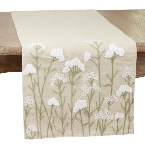 Fennco Styles Embroidered White Flowers Linen Blend Table Runner 16" W x 70" L - Floral Design Natural Table Cover for Home Décor, Dining Table, Banquet, Everyday Use, Family Gatherings