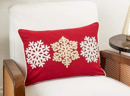 Fennco Styles Embroidered Snowflakes Cotton Throw Pillow Cover 14" W x 20" L - Red Holiday Cushion Case for Christmas, Couch, Bedroom, Living Room and Office Décor