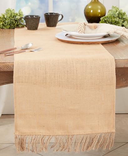 Fennco Styles Rustic Jute Tassel Table Runner 16" W x 72" L - Natural Burlap Table Cover for Dining Room, Banquets, Outdoor Events, Family Gatherings, and Holidays