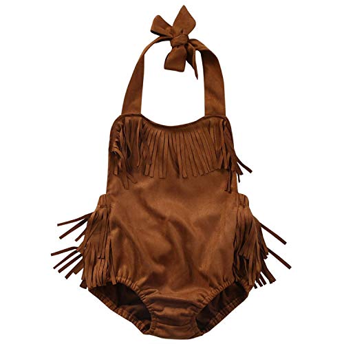 Infant Baby Girl Summer Halter Fringe Suede Brown Sunsuit Romper | Western Style, Adjustable Straps, 0-18 Months