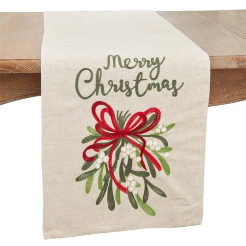 Fennco Styles Merry Christmas Ribbon Table Runner 16" W x 70" L - Natural Festive Linen Blend Table Cover for Winter Holidays Décor, Dining Table, Banquet, Family Gathering, and Special Occasions