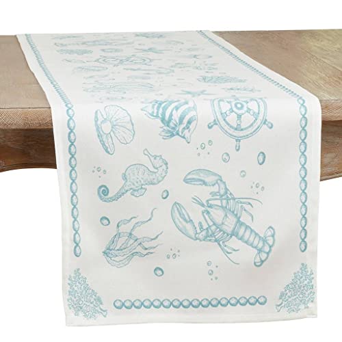 Fennco Styles Coastal Collection Sea Life Table Runner 16" W x 72" L - Aqua Sea Creatures Table Cover for Everyday Use, Family Gathering, Banquets and Special Occasion