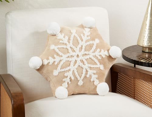 Fennco Styles Embroidered Snowflake Pom Pom Throw Pillow 16" W x 18" L - Natural Holiday Plush Pillow for Christmas, Couch, Bedroom, Living Room and Office Décor