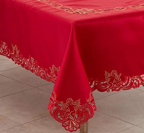 Fennco Styles Cupidon Collection Embroidered Cupid Design Tablecloth - Red Table Cover for Home Décor, Wedding, Banquets, Family Gathering and Special Occasion