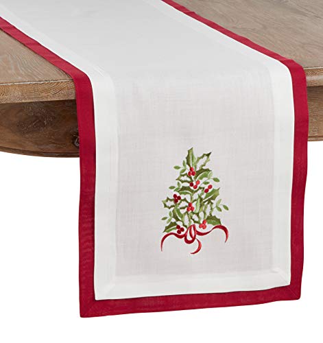 Fennco Styles Feuille de Houx Collection Country Double Layer Embroidered Holly 16 x 72 Inch Table Runner – Red Table Runner for Banquets, Christmas, Special Events and Home Décor
