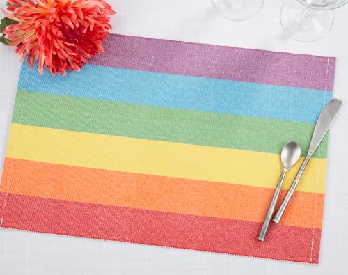 Fennco Styles Rainbow Stripe Cotton Placemats 13" W x 20" L, Set of 4 - Colorful Stripes Table Mats for Home Décor, Dining Table, Holidays, Banquets and Special Occasions