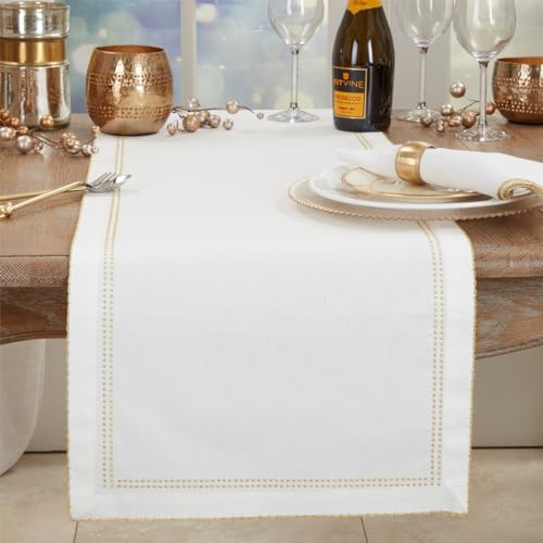 Fennco Styles Elegant Metallic Embroidered Border Cotton Table Runner 16" W x 72" L - Silver Trim Table Cover for Home Décor, Everyday Use, Christmas, Banquets and Special Events