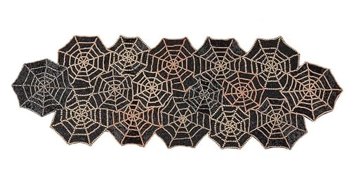 Fennco Styles Hand Beaded Spiderweb Table Runner 12" W x 36" L - Dark Gold and Black Sparkling Table Cover for Home Halloween Décor, Family Gatherings, Themed Party and Special Events