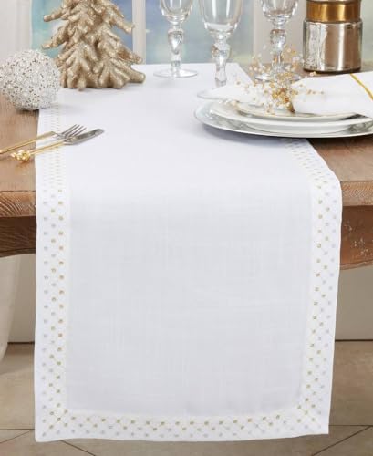 Fennco Styles Shimmering Weave Metallic Lattice Table Runner 16" W X 72" L - White Elegant Table Cover for Home Décor, Holidays, Weddings, Banquets and Special Events